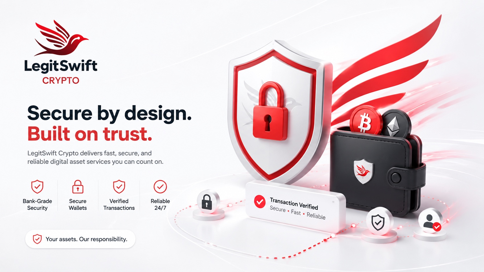 LegitSwift Crypto red and white campaign artwork focused on secure transactions