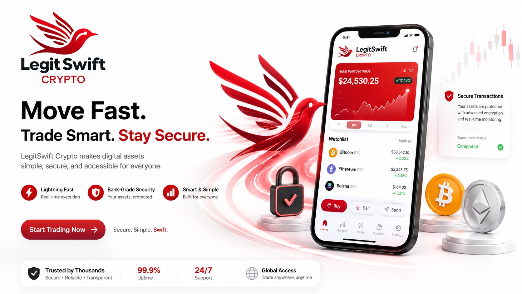 LegitSwift Crypto campaign artwork with a mobile interface and digital asset graphics